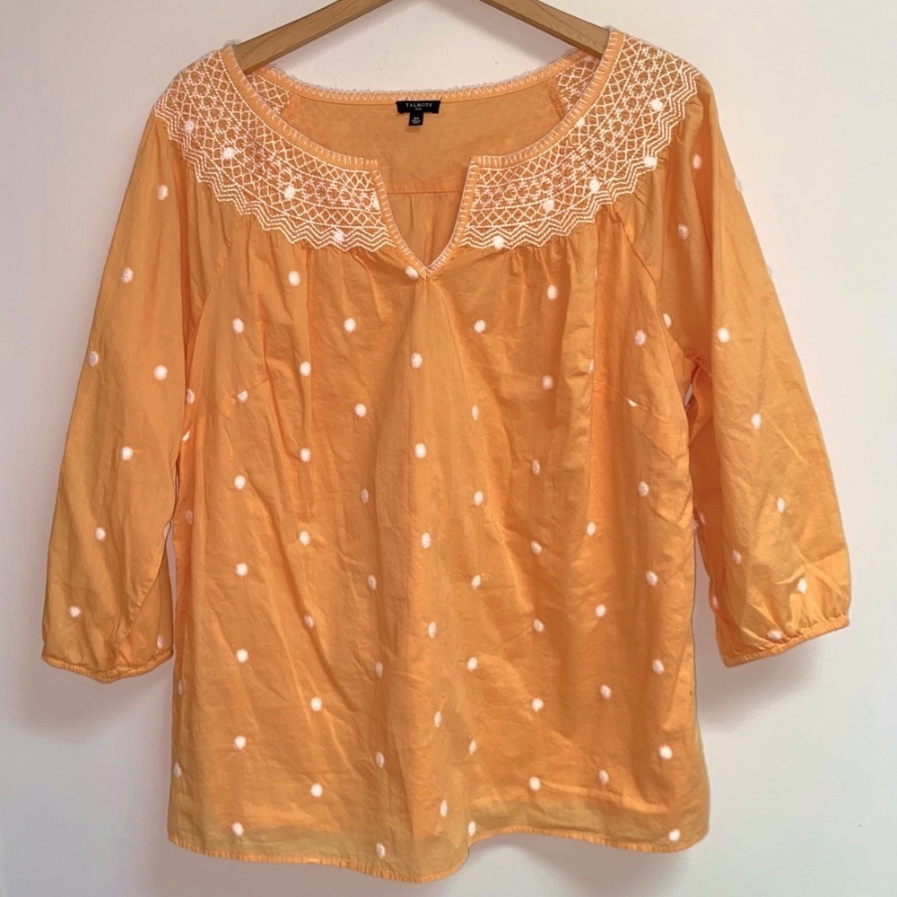 Talbots Peach Dot Embroidered Yoke Blouse